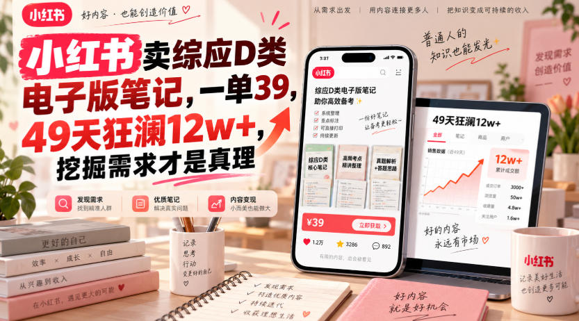小红书卖综应D类电子版笔记，一单39，49天狂澜12w+，挖掘需求才是真理-飞驰网创