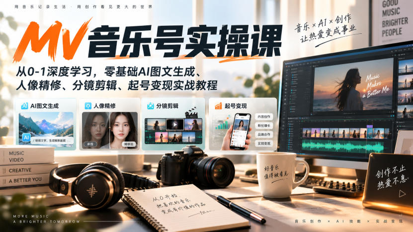 AI MV音乐号实操课，从0-1深度学习，零基础AI图文生成、人像精修、分镜剪辑、起号变现实战教程-飞驰网创