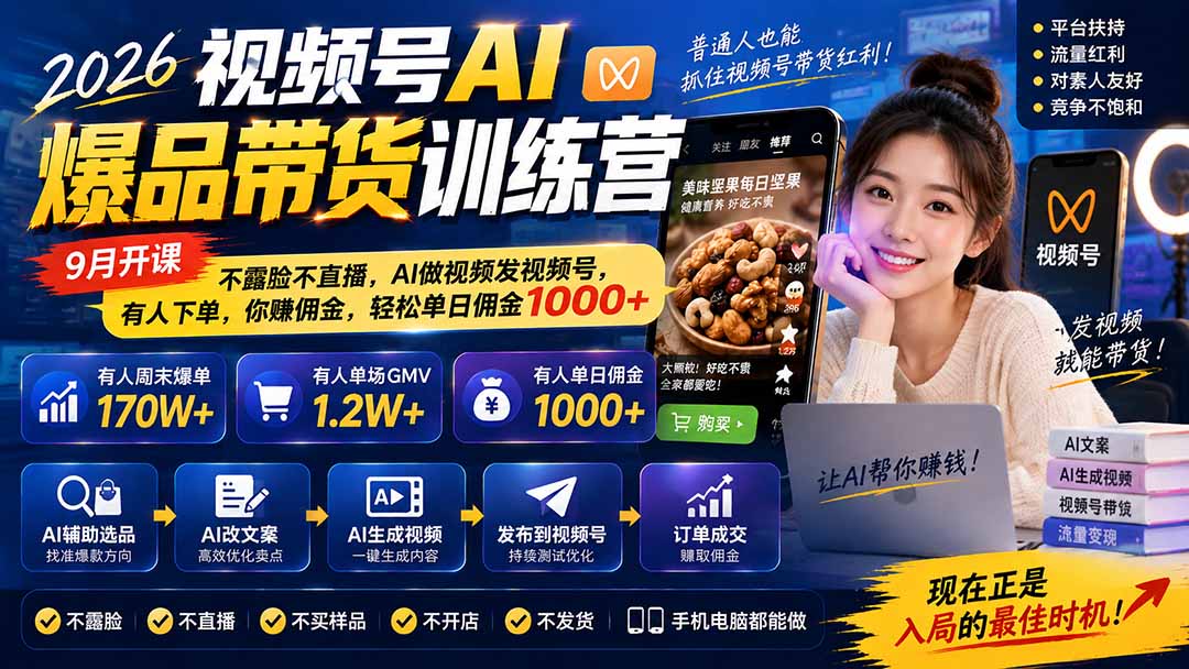 图片[1]-2026视频号AI爆品带货训练营-9月开课｜不露脸不直播，AI做视频发视频号，有人下单，你赚佣金，轻松单日佣金1000+-轻创终点站