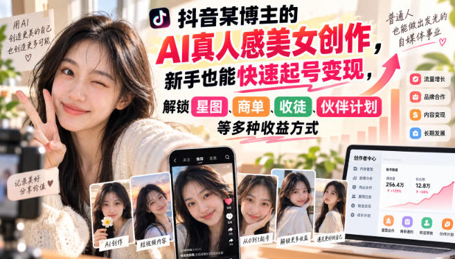 抖音某博主的AI真人感美女创作，新手也能快速起号变现，解锁星图，商单，收徒，伙伴计划等多种收益方式-轻创终点站