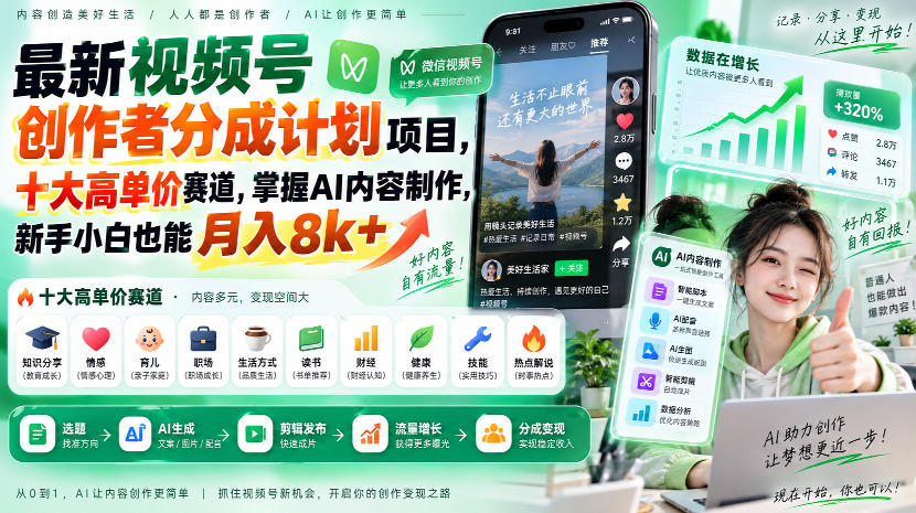 最新视频号创作者分成计划项目，十大高单价赛道，掌握AI内容制作，新手小白也能月入8k+-飞驰网创