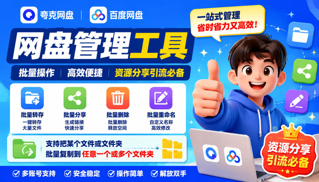 夸克网盘批量文件重命名，批量转存、批量分享、批量复制，内置AI功能-轻创终点站