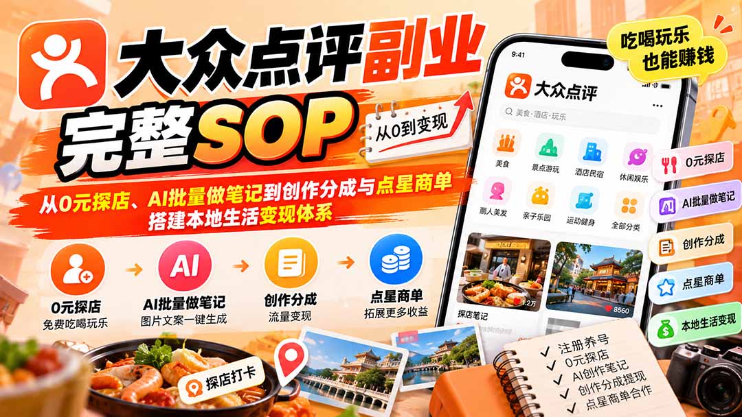 【无水印】大众点评副业完整SOP：从0元探店、AI批量做笔记到创作分成与点星商单，搭建本地生活变现体系-轻创终点站