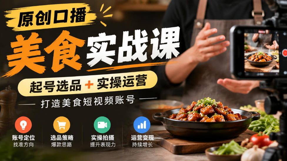 原创口播美食实战课，起号选品+实操运营，打造美食短视频账号-飞驰网创