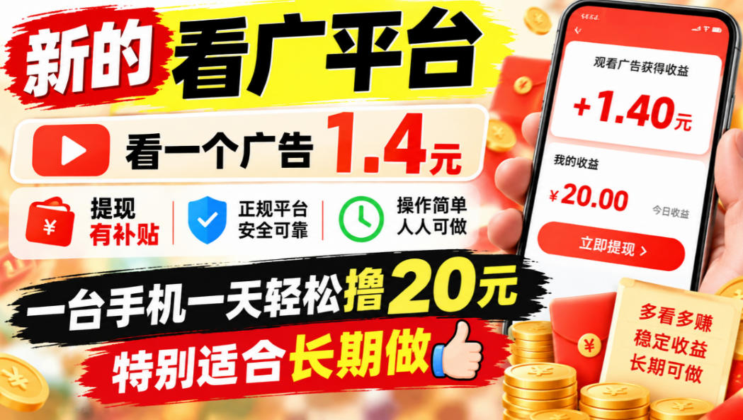 一个新的看广平台，看一个广告1.4元，提现有补贴,一台手机一天轻松撸20+，特别适合长期做【揭秘】-飞驰网创