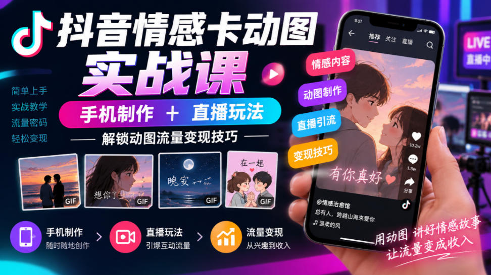 抖音情感卡动图实战课｜手机制作+直播玩法，解锁动图流量变现技巧-飞驰网创