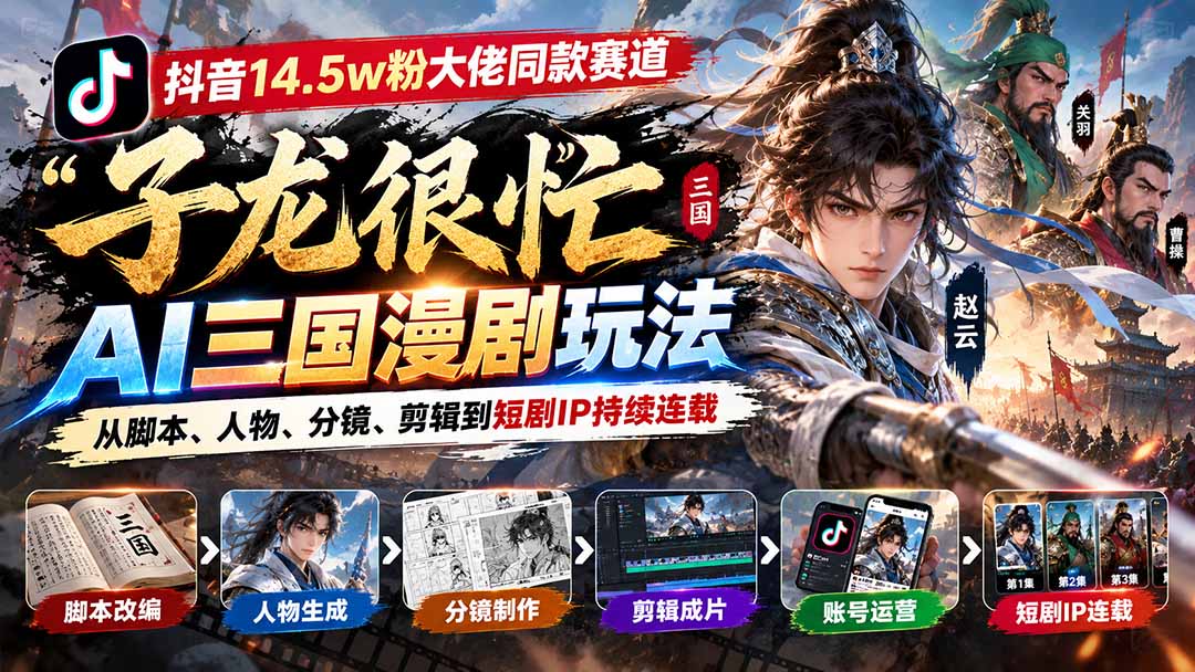 抖音14.5w粉大佬同款赛道「子龙很忙」AI三国漫剧玩法：从脚本、人物、分镜、剪辑到短剧IP持续连载-搜淘云网创