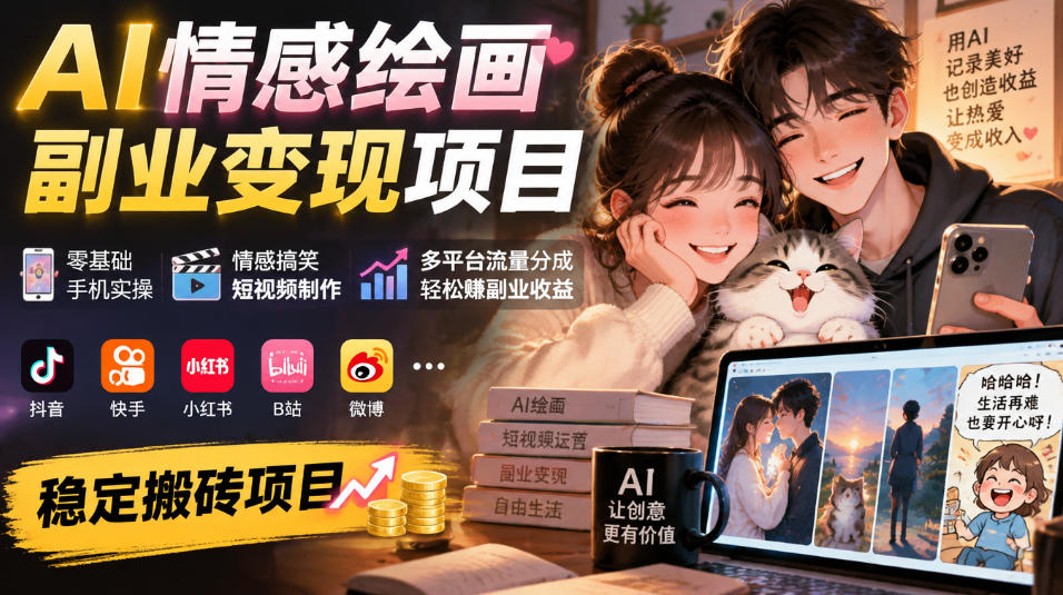 AI情感绘画副业变现项目｜零基础手机实操，情感搞笑短视频制作，多平台流量分成轻松賺副业收益-垣曜资源
