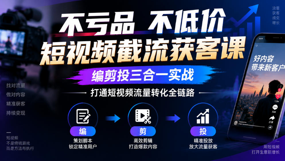 不亏品不低价短视频截流获客课，编剪投三合一实战，打通短视频流量转化全链路-垣曜资源