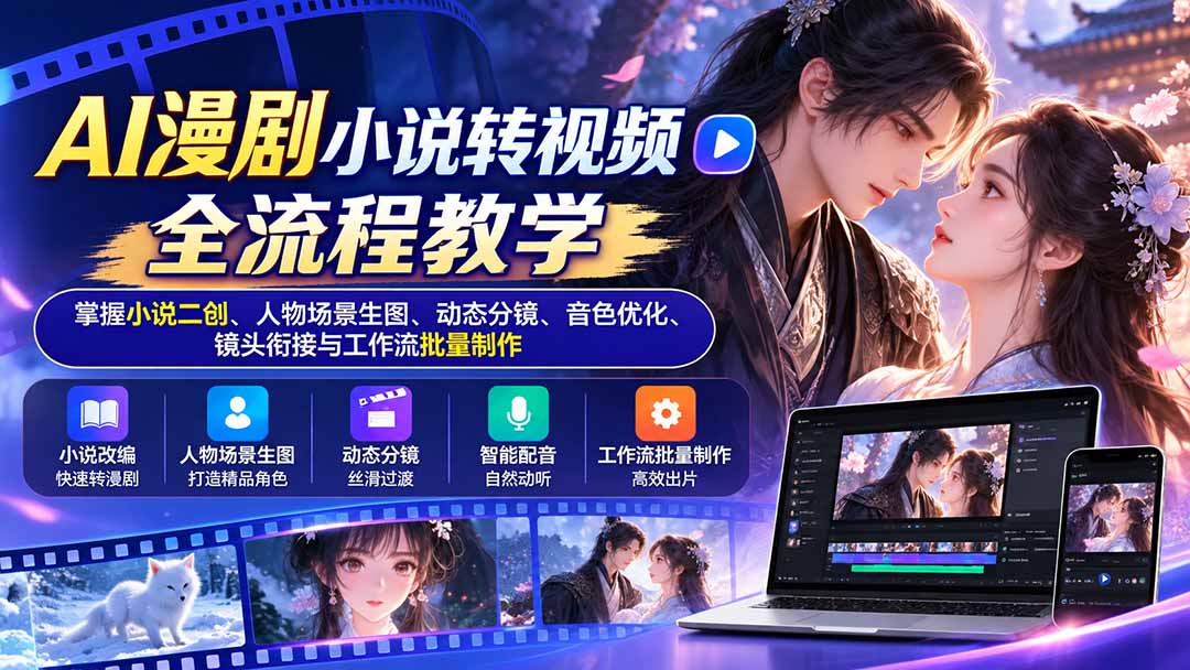 AI漫剧小说转视频全流程教学：掌握小说二创、人物场景生图、动态分镜、音色优化、镜头衔接与工作流批量制作-垣曜资源