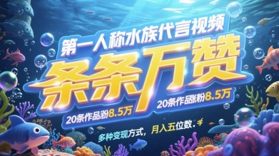 第一人称水族代言视频，条条万赞，20条作品涨粉7.8W，多种变现方式月入五位数-网创星球