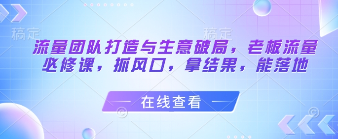 流量团队打造与生意破局，老板流量必修课，抓风口，拿结果，能落地-轻创终点站