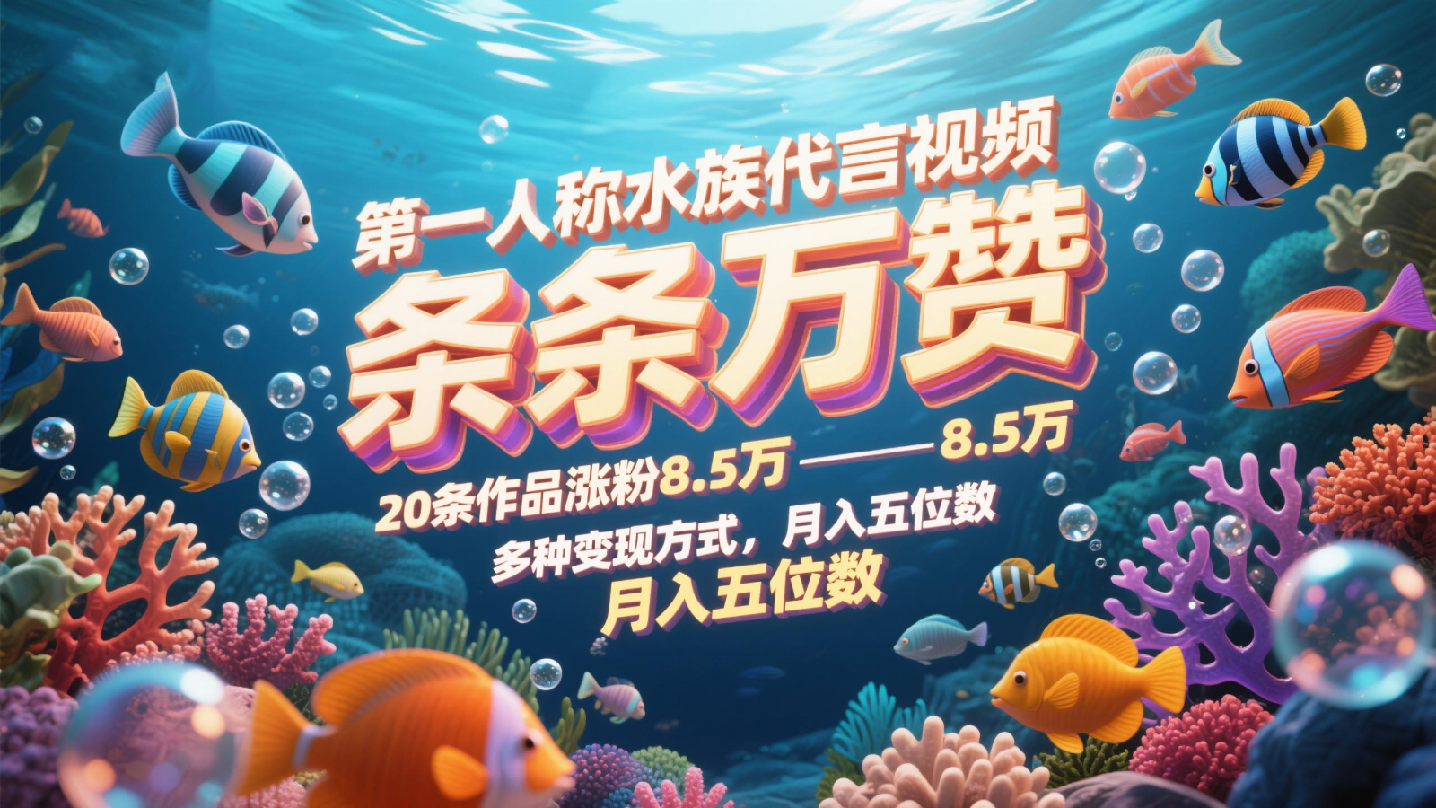 第一人称水族代言视频，条条万赞，20条作品涨粉8.5万，多种变现方式月，入五位数-轻创终点站