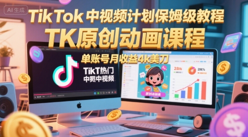 TikTok中视频计划保姆级教程，TK原创动画课程，单账号月收益4k美刀-星舰联盟