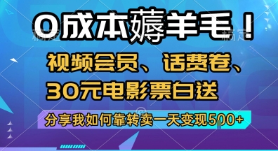 0成本薅羊毛!视频会员、话费卷、30元电影票白送，分享我如何靠转卖一天变现5张+-网创星球