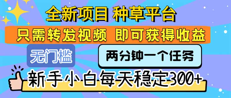 全新项目 种草平台 只需要转发任务视频 即可获得收益 新手小白每天300+-青年云网创—高质量项目商城