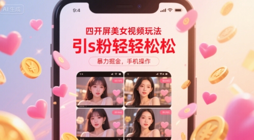 四开屏美女视频玩法，引s粉轻轻松松，暴力掘金，手机操作-小熊猫站长