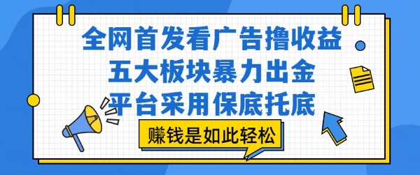 全网首发看广告撸收益，五大板块暴力出金，平台采用保底托底，挣钱是如此轻松作-飞叔云网创