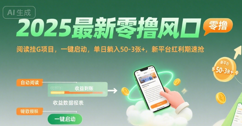 2025最新零撸风口，阅读挂G项目，一键启动，单日躺入 50-3张+，新平台红利期速抢-轻创终点站