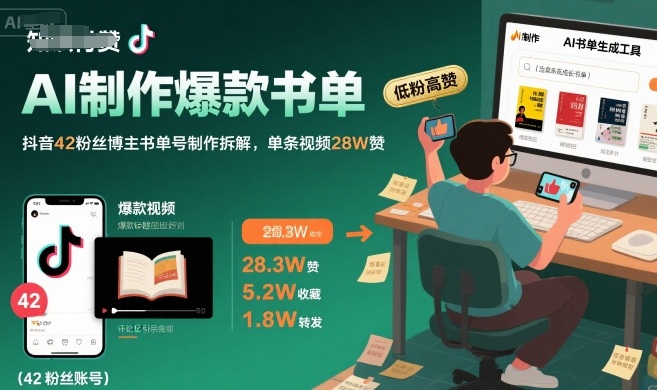 AI制作爆款书单，抖音42粉丝博主书单号制作拆解，单条视频28W赞-轻创终点站