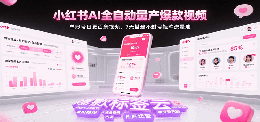 小红书AI全自动量产爆款视频，单账号日更百条视频，7天搭建不封号矩阵流量池-青年云网创—高质量项目商城