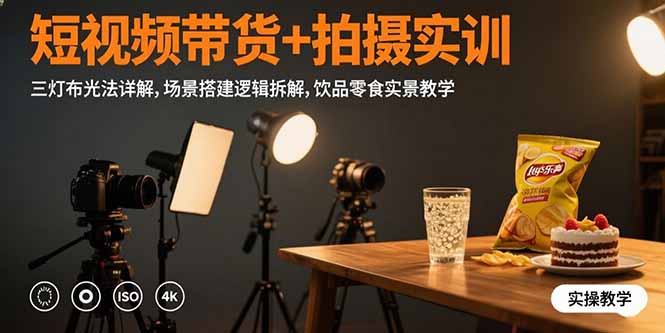 短视频带货+拍摄实训：三灯布光法详解,场景搭建逻辑拆解,饮品零食实景教学-飞叔云网创