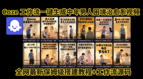 coze工作流一键生成”中年男人困境扎心高涨粉高播放量图文视频”保姆级拆解教程，无需剪辑，无需拍摄写文案-轻创终点站