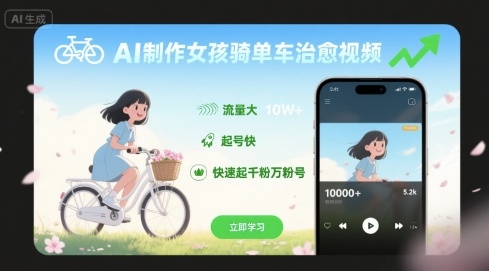 AI制作女孩骑单车治愈视频，流量大，起号快，快速起千粉万粉号-華夏云创