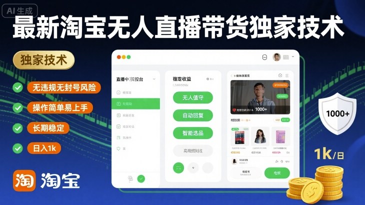 最新淘宝无人直播带货独家技术，无违规无封号风险，操作简单易上手，长期稳定日入1k-搞个副业