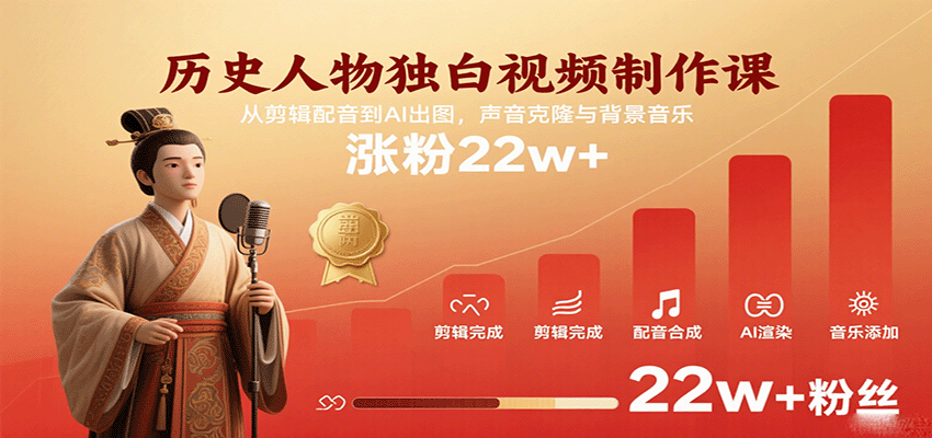 历史人物独白视频制作课，从剪辑配音到AI出图，声音克隆与背景音乐，涨粉22w+-青年云网创—高质量项目商城