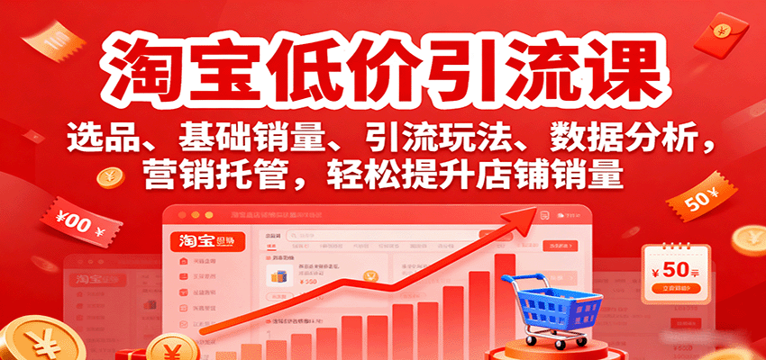 淘宝低价引流课，选品、基础销量、引流玩法、数据分析，营销托管，轻松提升店铺销量-晶沫AI资源站