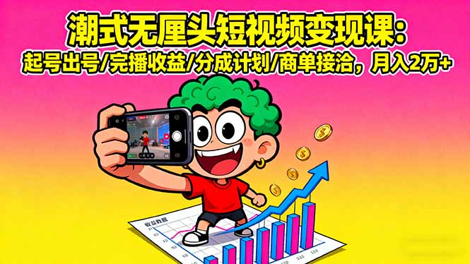潮式无厘头短视频变现课：起号出号/完播收益/分成计划/商单接洽，月入2万+-華夏云创