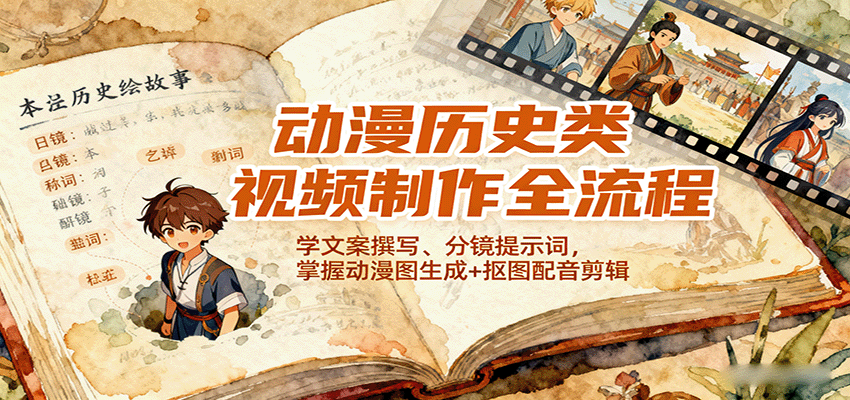 动漫历史类视频制作全流程，学文案撰写、分镜提示词，掌握动漫图生成+抠图配音剪辑-搞个副业