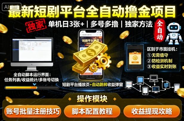 最新短剧平台全自动挂G撸金项目，单机一天3张+，多号多撸，区别于市面所有挂机项目，独家方法-百创网