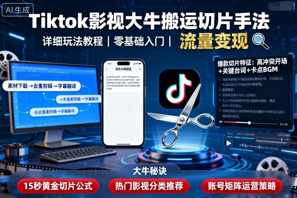 Tiktok影视大牛搬运切片手法，详细玩法教程-百创网