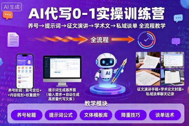 AI代写0-1实操训练营，从养号、提示词、征文演讲、学术文，到私域谈单的全流程教学-百创网