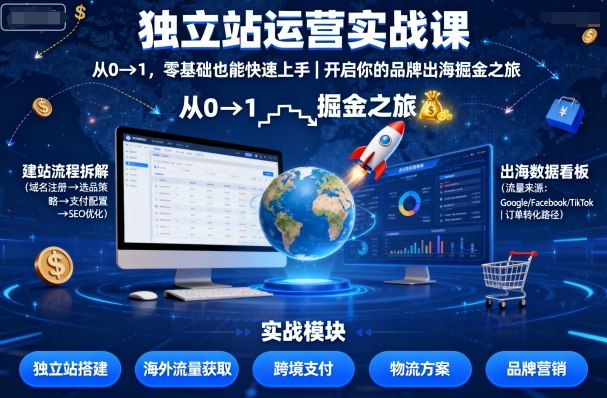 独立站运营实战课，​从0到1，零基础也能快速上手，开启你的品牌出海掘金之旅-搞个副业