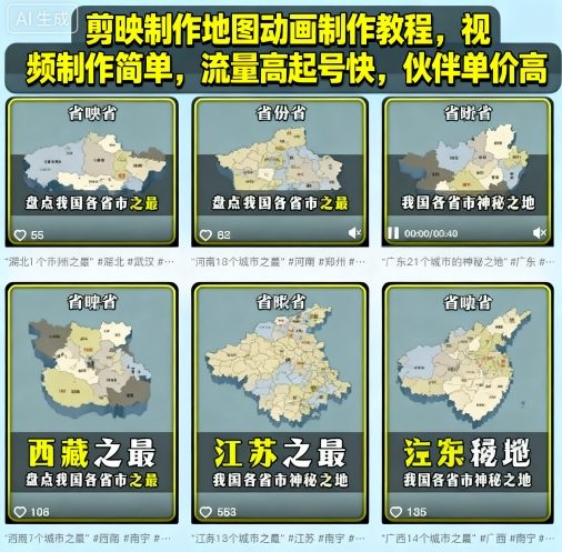 剪映制作地图动画制作教程，视频制作简单，流量高起号快，伙伴单价高-搞个副业