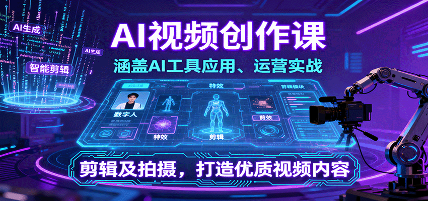 AI视频创作课，涵盖AI工具应用、运营实战、剪辑及拍摄，打造优质视频内容-百创网