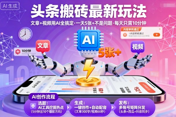 头条搬砖最新玩法，文章+视频用AI全搞定，一天5张+不是问题，每天只需10分钟 - 小毅网创-小毅网创