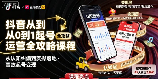 抖音从0到1起号运营全攻略课程，从认知纠偏到实操落地，高效起号变现 - 小毅网创-小毅网创