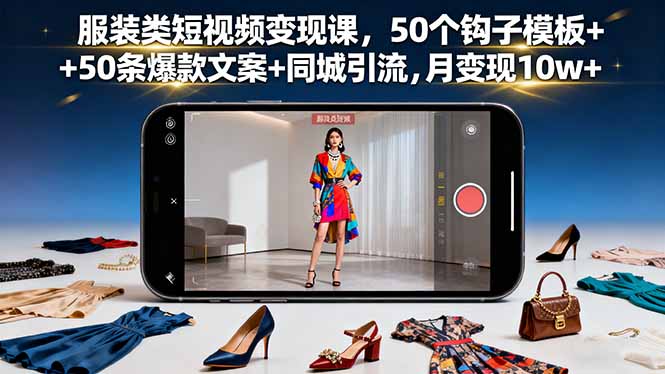 服装类短视频变现课，50个钩子模板+50条爆款文案+同城引流，月变现10w+-轻创终点站