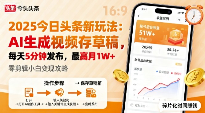 2025年今日头条躺賺新玩法，AI生成视频存草稿，每天5分钟发布，最高月1W+-创梦DreamCreation终点站