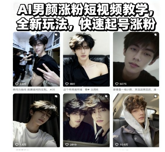 AI男颜涨粉短视频教学，全新玩法，快速起号涨粉-小飞项目网