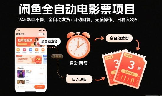 闲鱼全自动电影票项目，24h爆单不停，全自动发货+自动回复，无脑操作，日稳入3张-第一人副业终点站