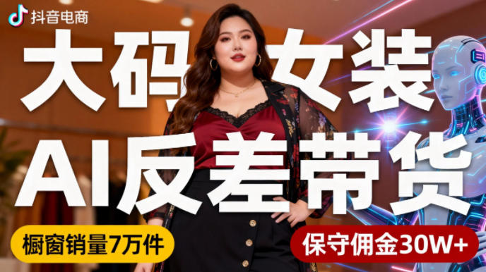 抖音小众赛道，大码女装AI反差带货，不用直播，每天6条作品，橱窗卖7万件，保守佣金30W+-第一人副业终点站