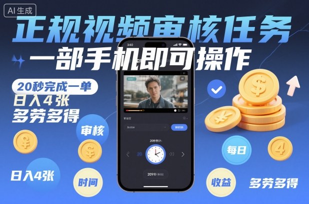 正规视频审核任务，一部手机即可操作，20秒完成一单，日入4张，多劳多得-轻创终点站