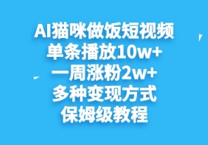 AI猫咪做饭短视频，单条播放10w+，一周涨分2w+，多种变现方式，保姆级教程-轻创终点站